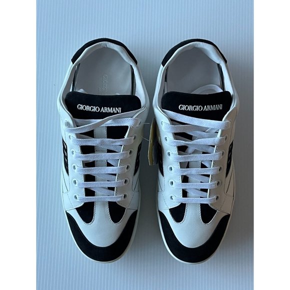 Giorgio Armani White/Black Leather Lace-Up Sneakers, Size 8.5 (US) 38.5 (EU) - Picture 3 of 12